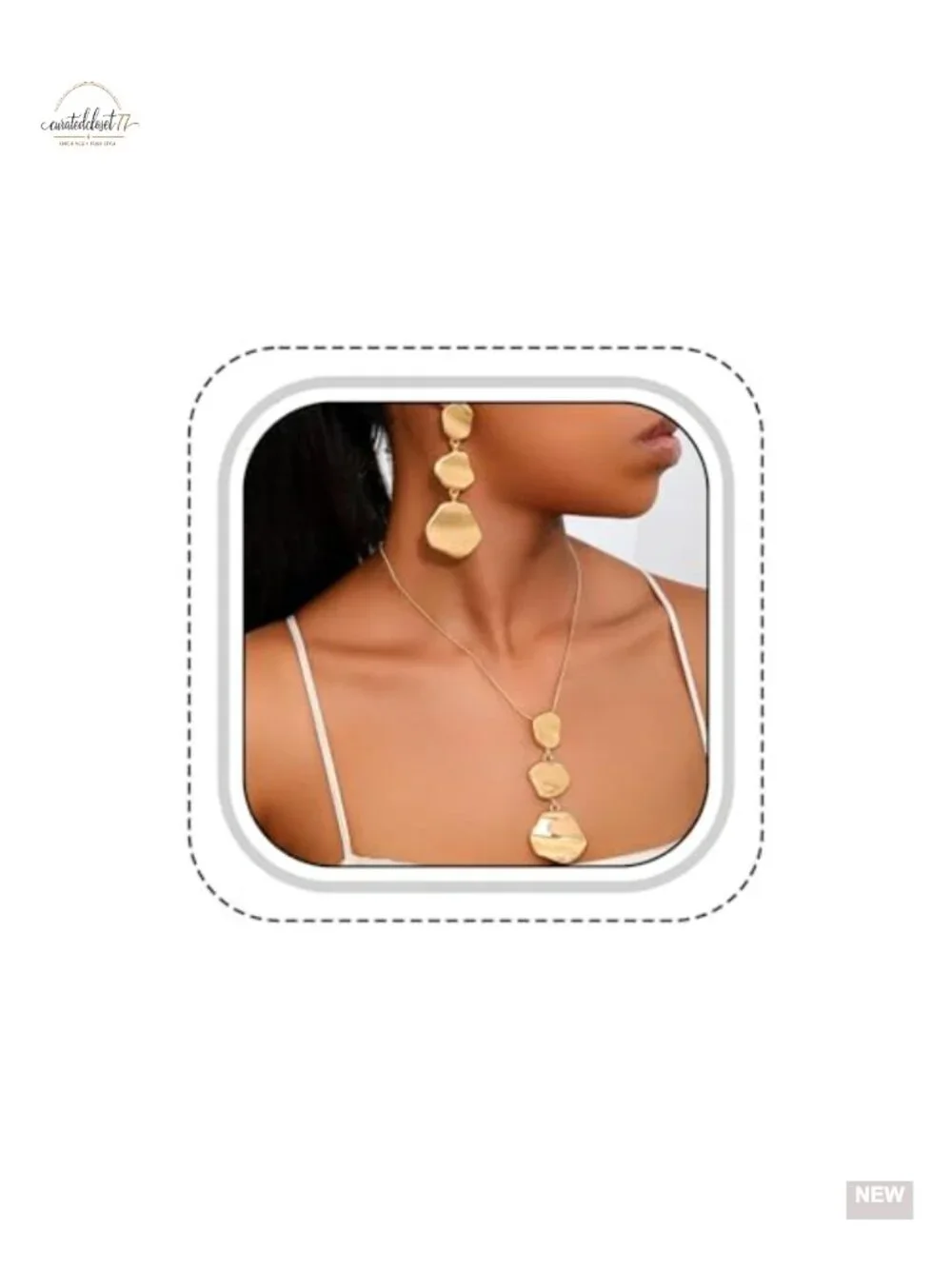 Gold Chunky Geometric Pendant Necklace and Earrings Set, Snake Chain,